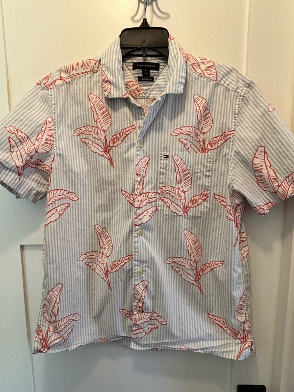 Tommy Hilfiger Blue & White Stripe Short-Sleeve Shirt with Red Leaf Print